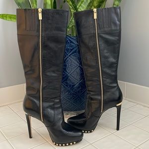 Michael Kors Knee High Black Leather Boots w/ Gold Zipper & Gold Studs. Size 7